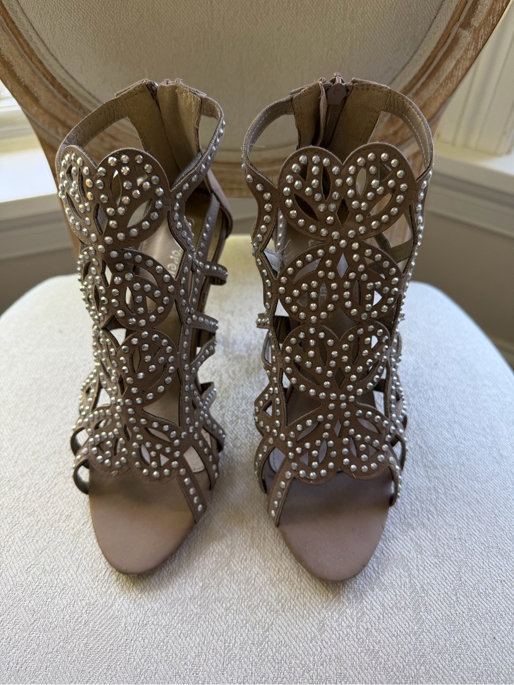 Women's Taupe Studded Cutout Heeled Sandals gladiator style